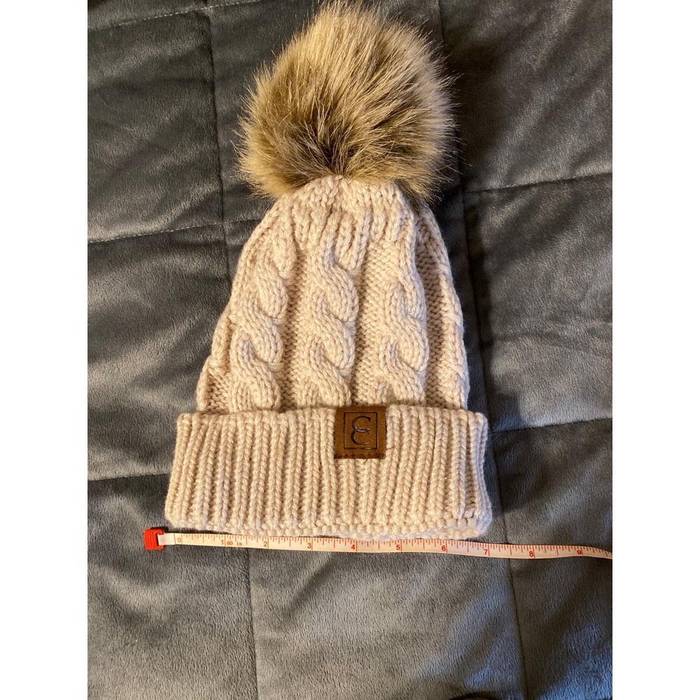 CC Beanie Womens Tan Cable Knit Faux Fur Pom Pom Cuffed Winter Hat 0575
